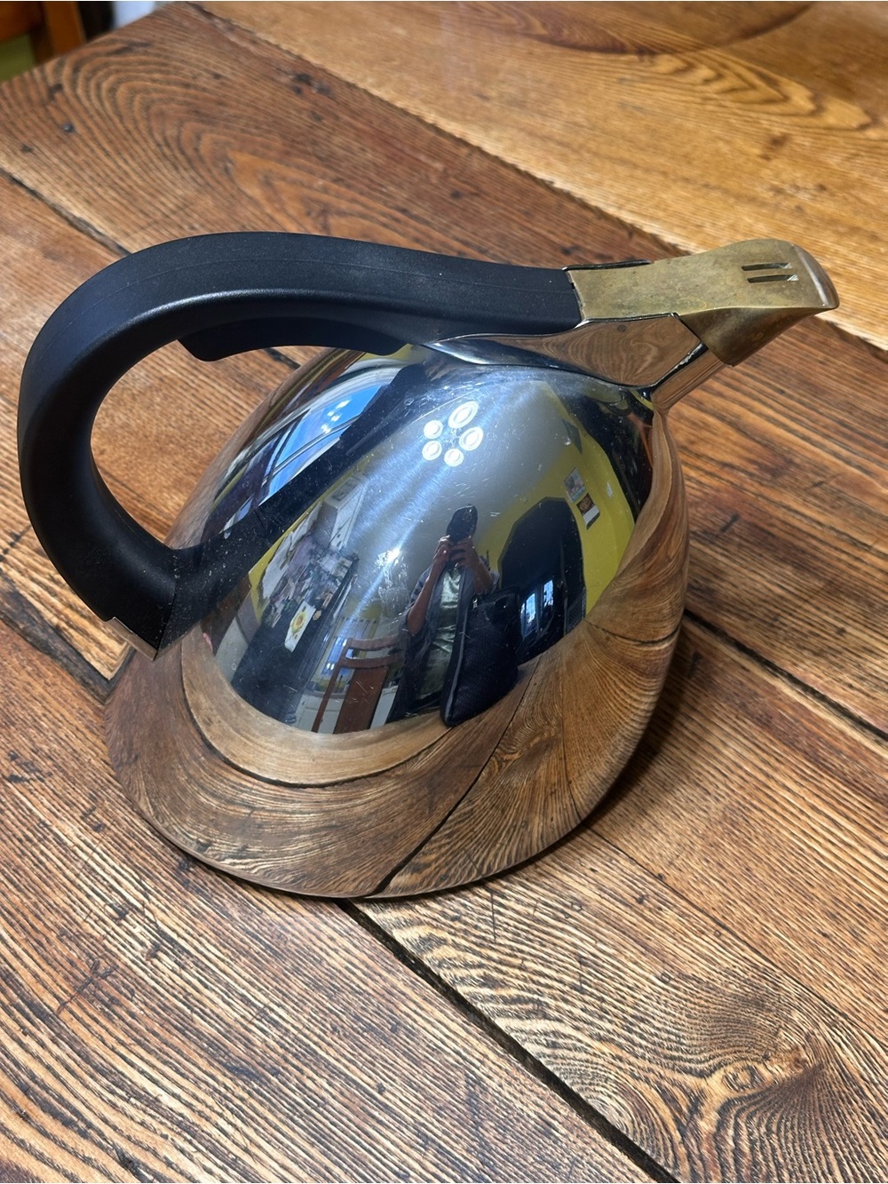 Nambe Steve Cozzolino Chirp Tea Kettle 2011 Silver & Brass Teapot Black Handle